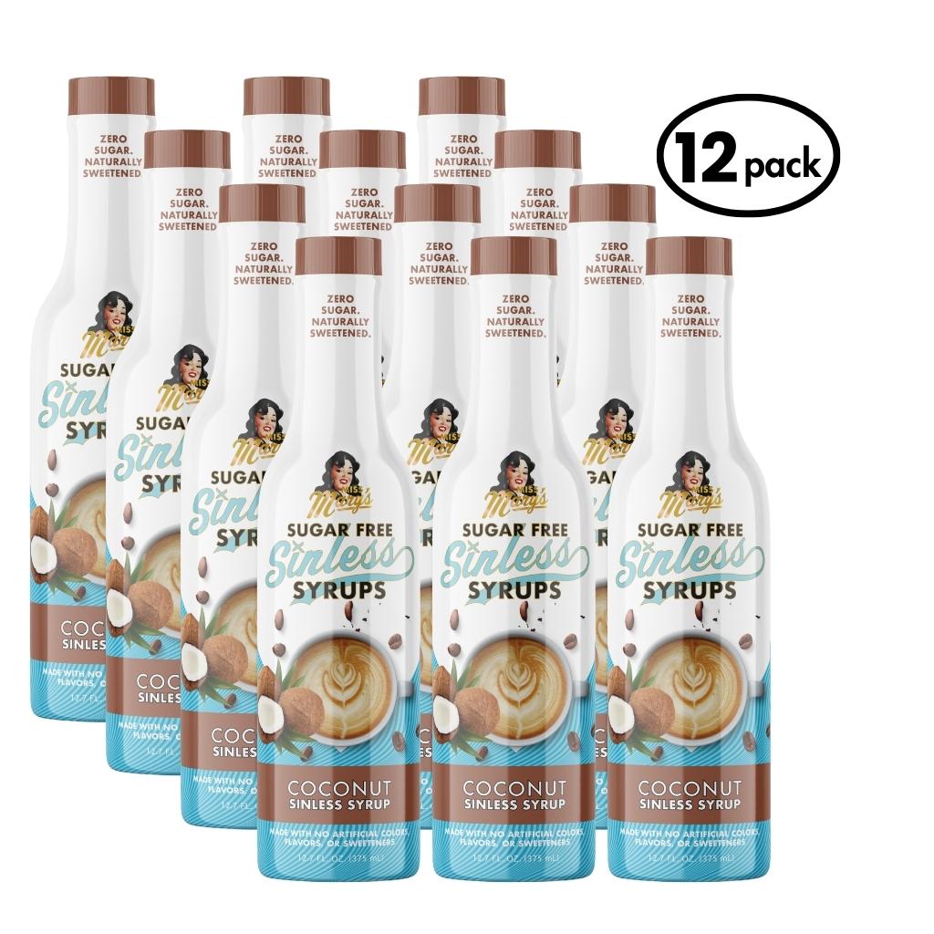 12-pack of Sugar Free Sinless Coconut Syrup bottles on a white background