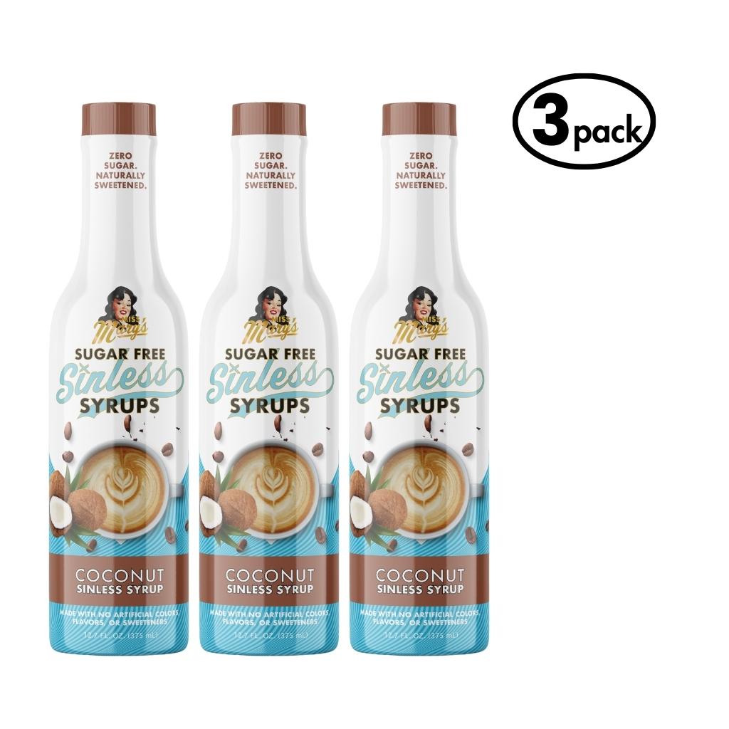 Three bottles of Sugar Free Sinless Syrups with a coconut flavor on a white background.