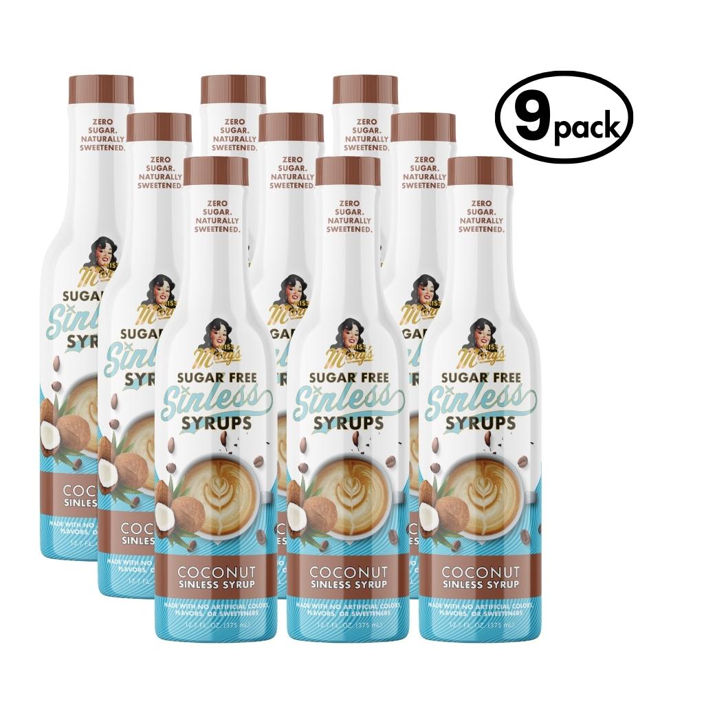 9-pack of Sugar Free Sinless Coconut Syrup bottles on a white background