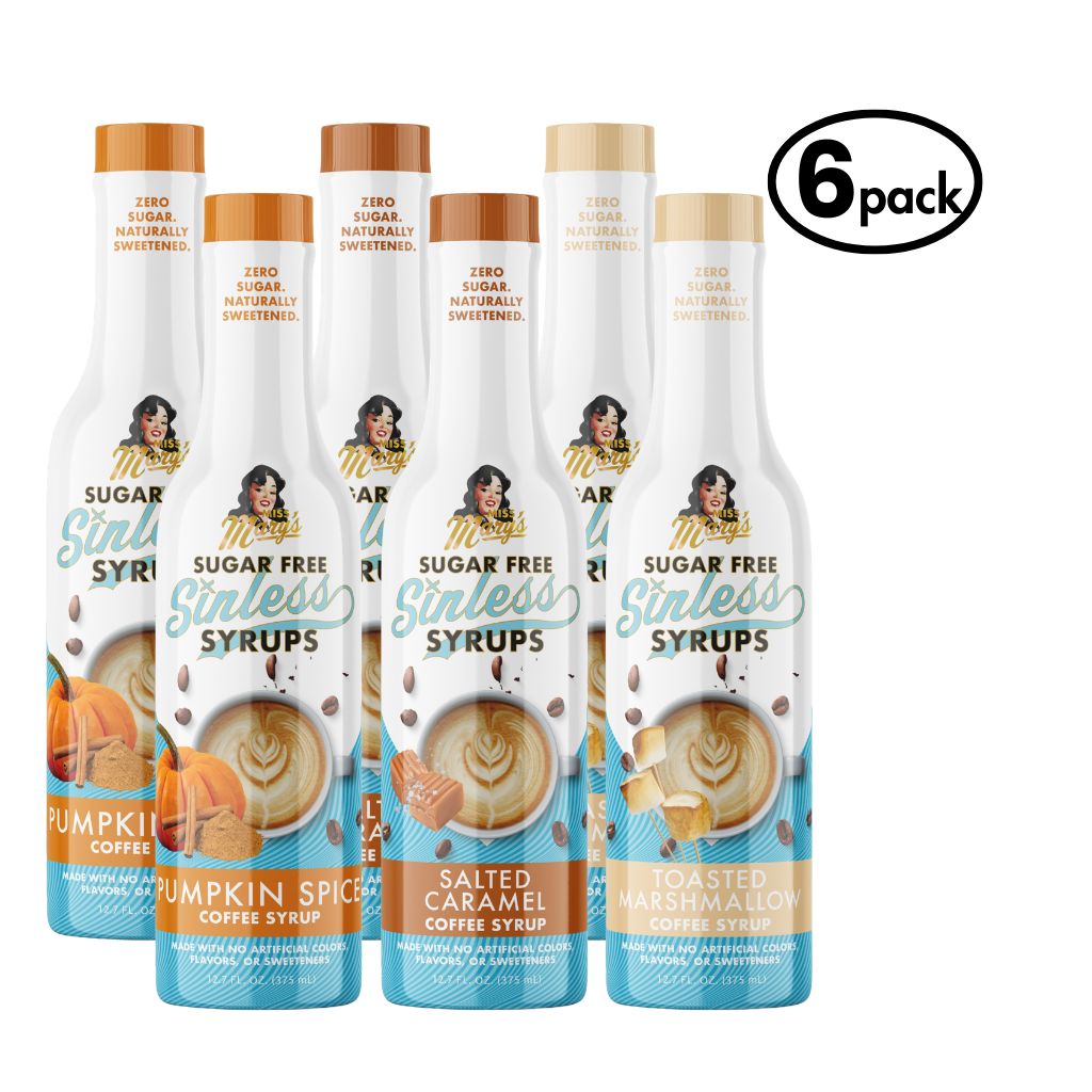 Six-pack of sugar-free syrups with various flavors on a white background