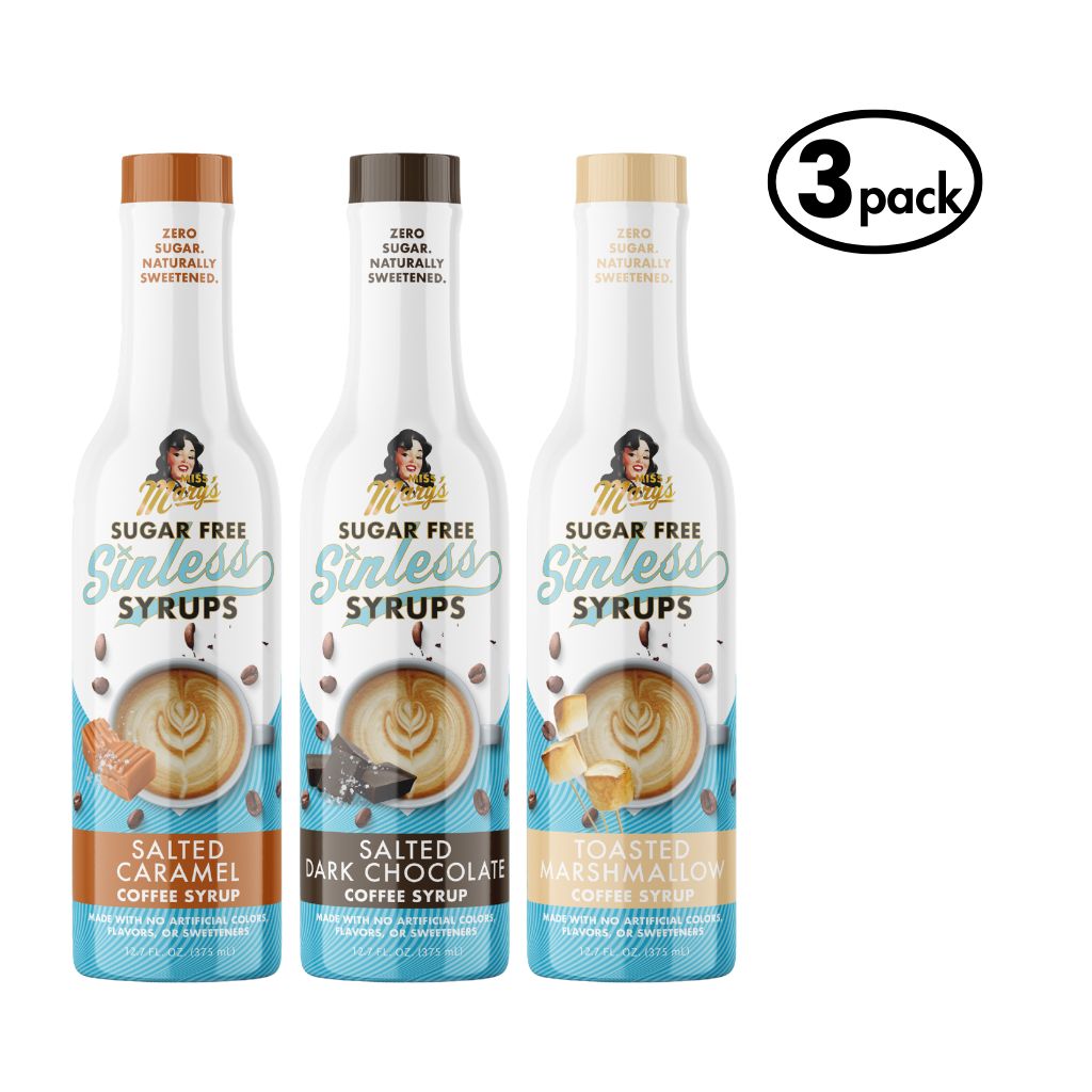 Three bottles of sugar-free syrups with a '3 Pack' label on a white background