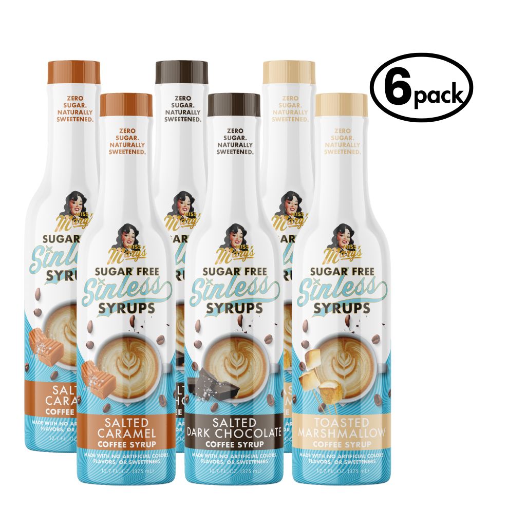 Set of six bottles of sugar-free syrups with branding on a white background