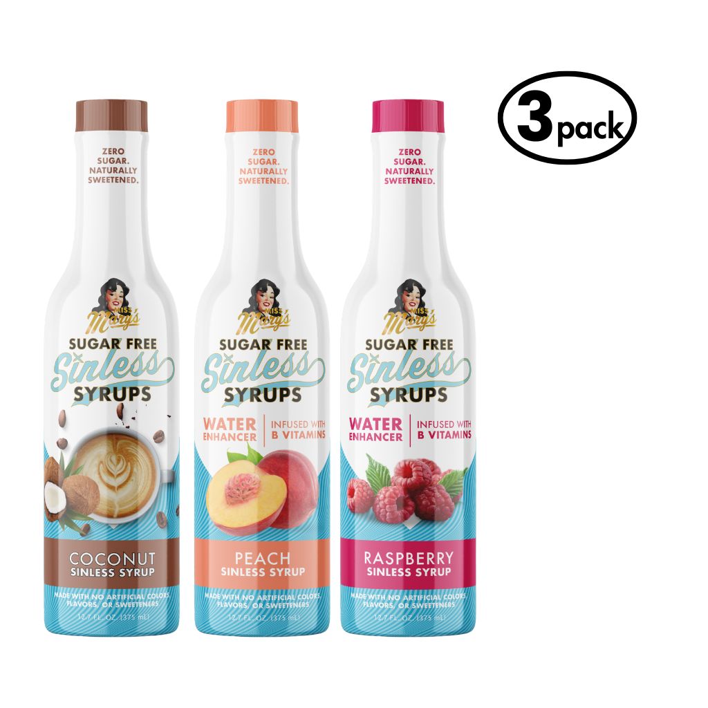 Three bottles of Sugar Free Sinless Syrups with colorful labels on a white background.