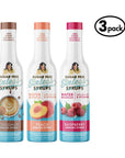 Three bottles of Sugar Free Sinless Syrups with colorful labels on a white background.