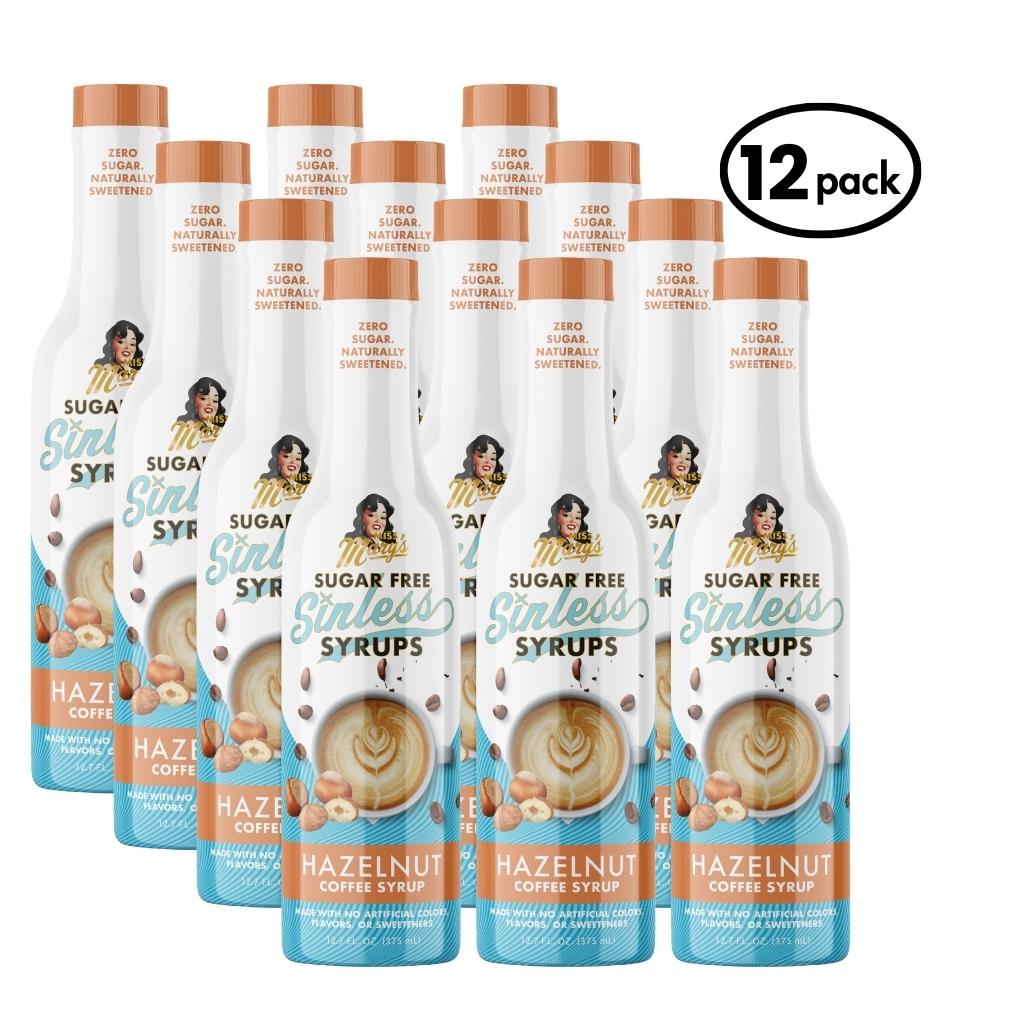 12-pack of Sugar Free Sinless Hazelnut Coffee Syrups on a white background