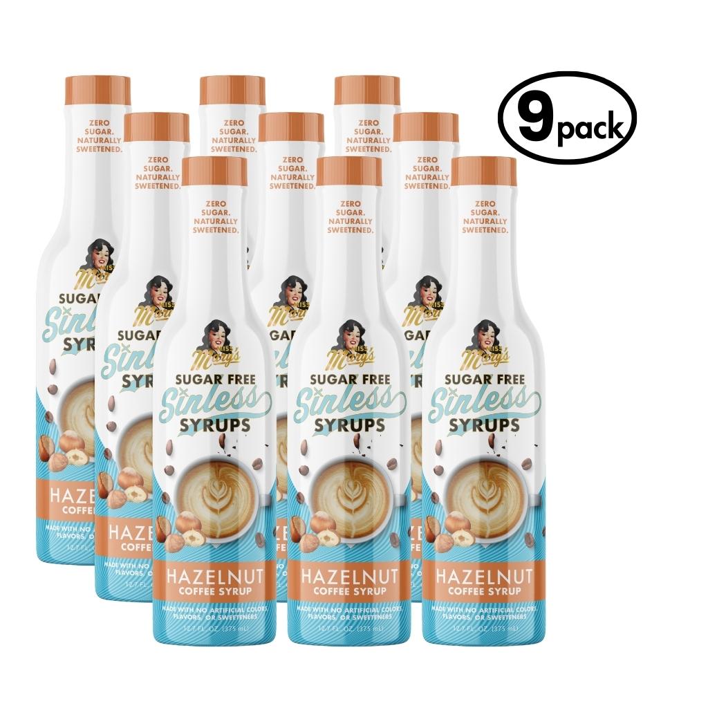 9-pack of Sugar Free Sinless Syrups hazelnut coffee flavor on a white background