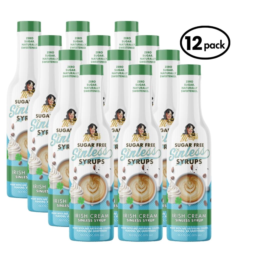 12-pack of Sugar Free Sinless Irish Cream Syrups on a white background