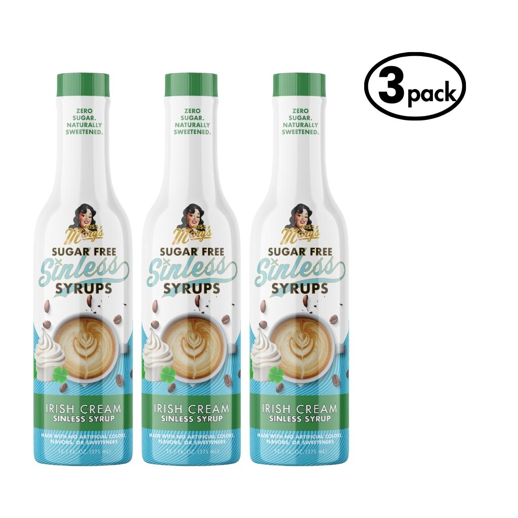 Three bottles of Sugar Free Sinless Syrups with Irish Cream flavor on a white background.