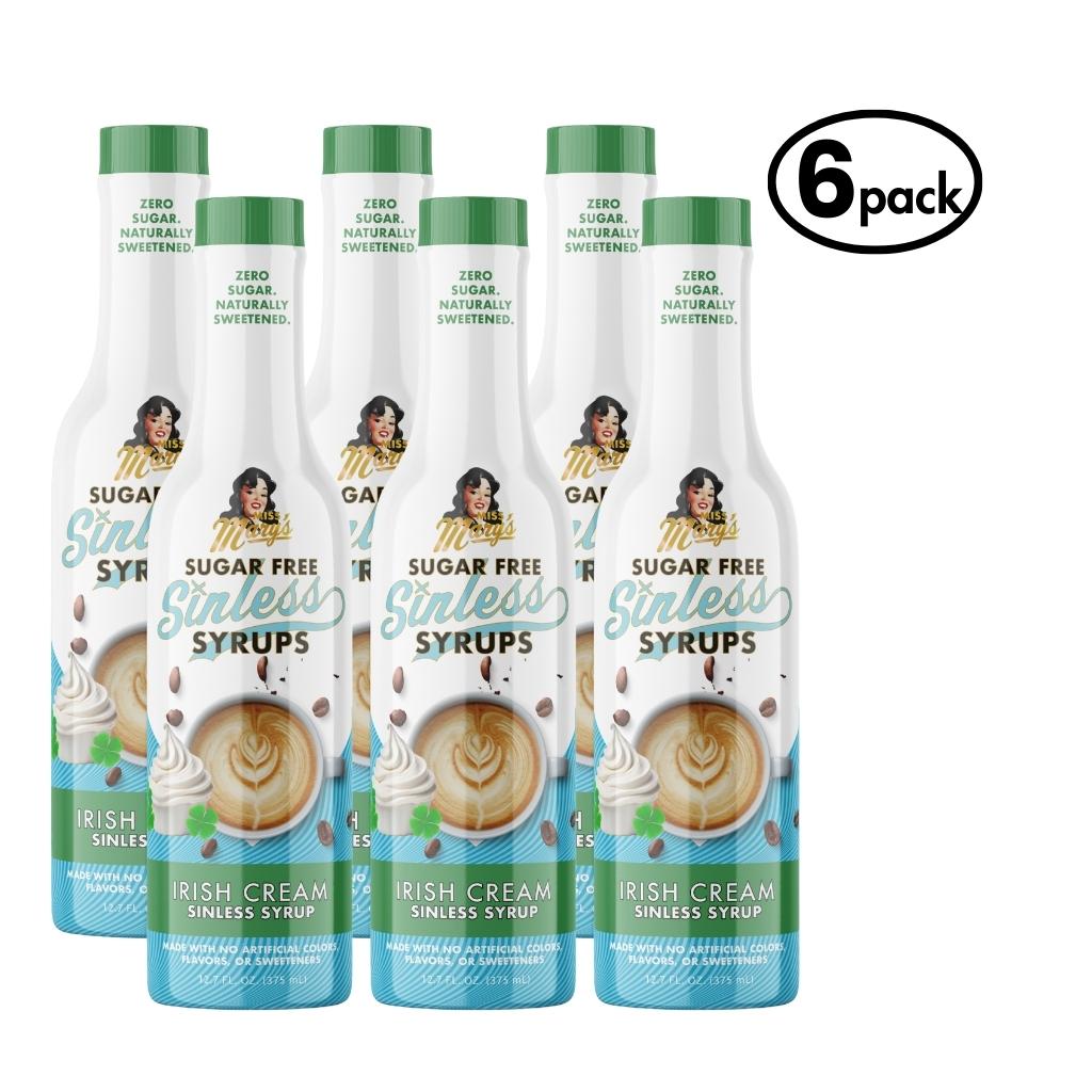 Six bottles of Sugar Free Sinless Syrups with Irish Cream flavor on a white background.
