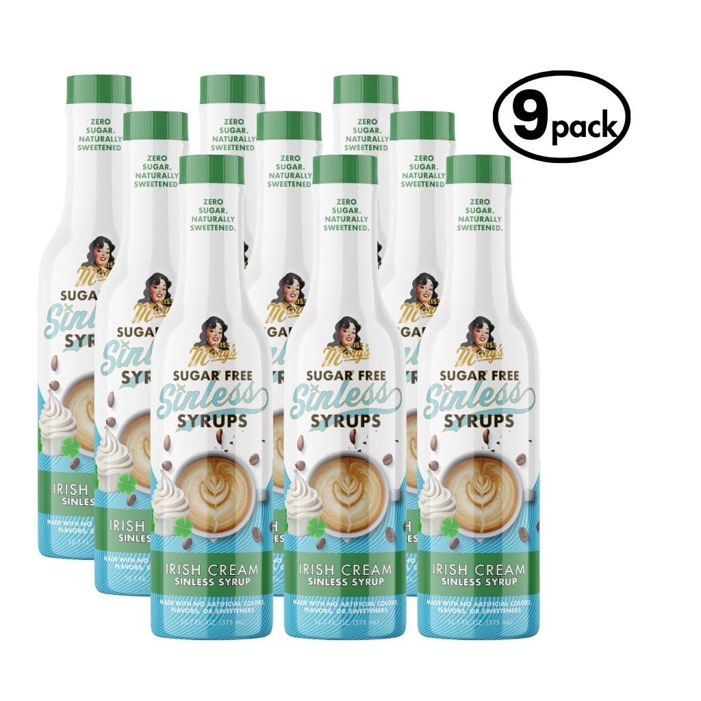 9-pack of Sugar Free Sinless Syrups in Irish Cream flavor on a white background