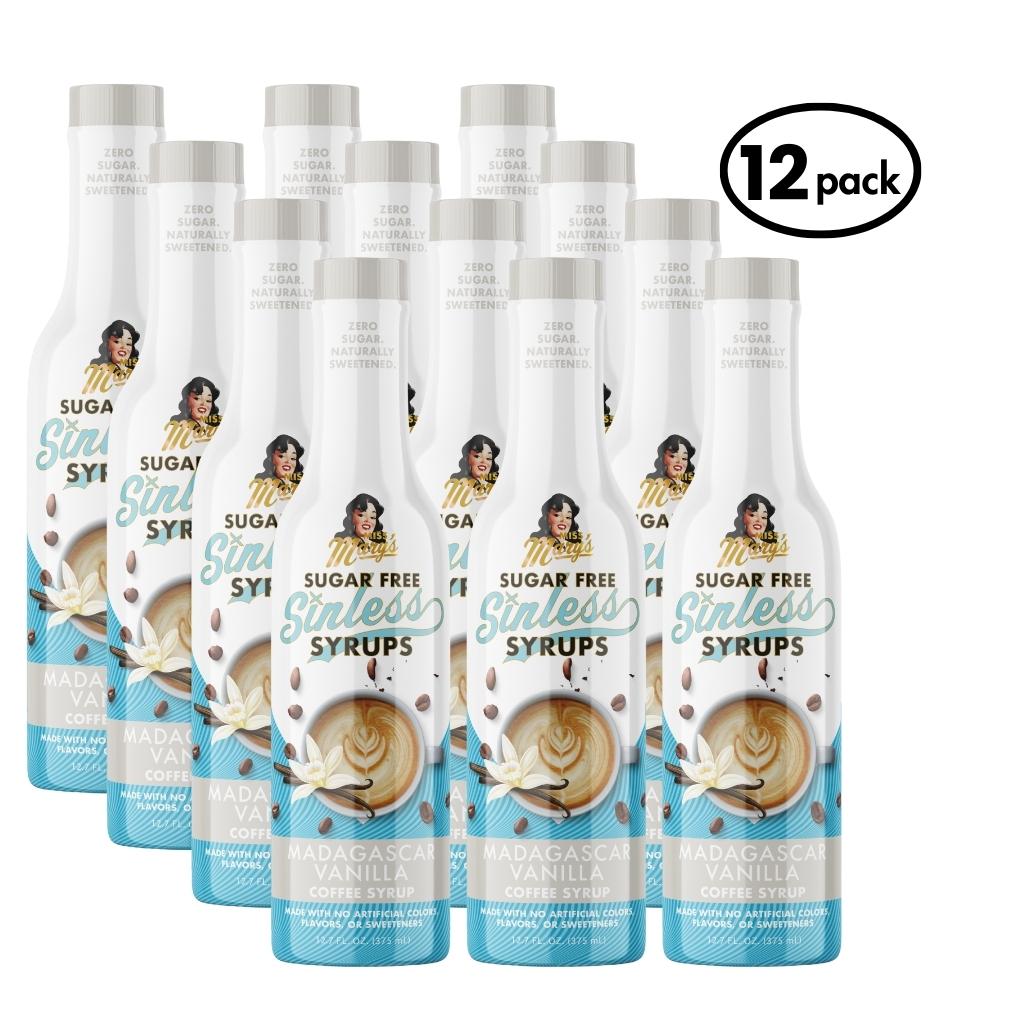 12-pack of Sugar Free Sinless Syrups with Madagascar Vanilla flavor on a white background