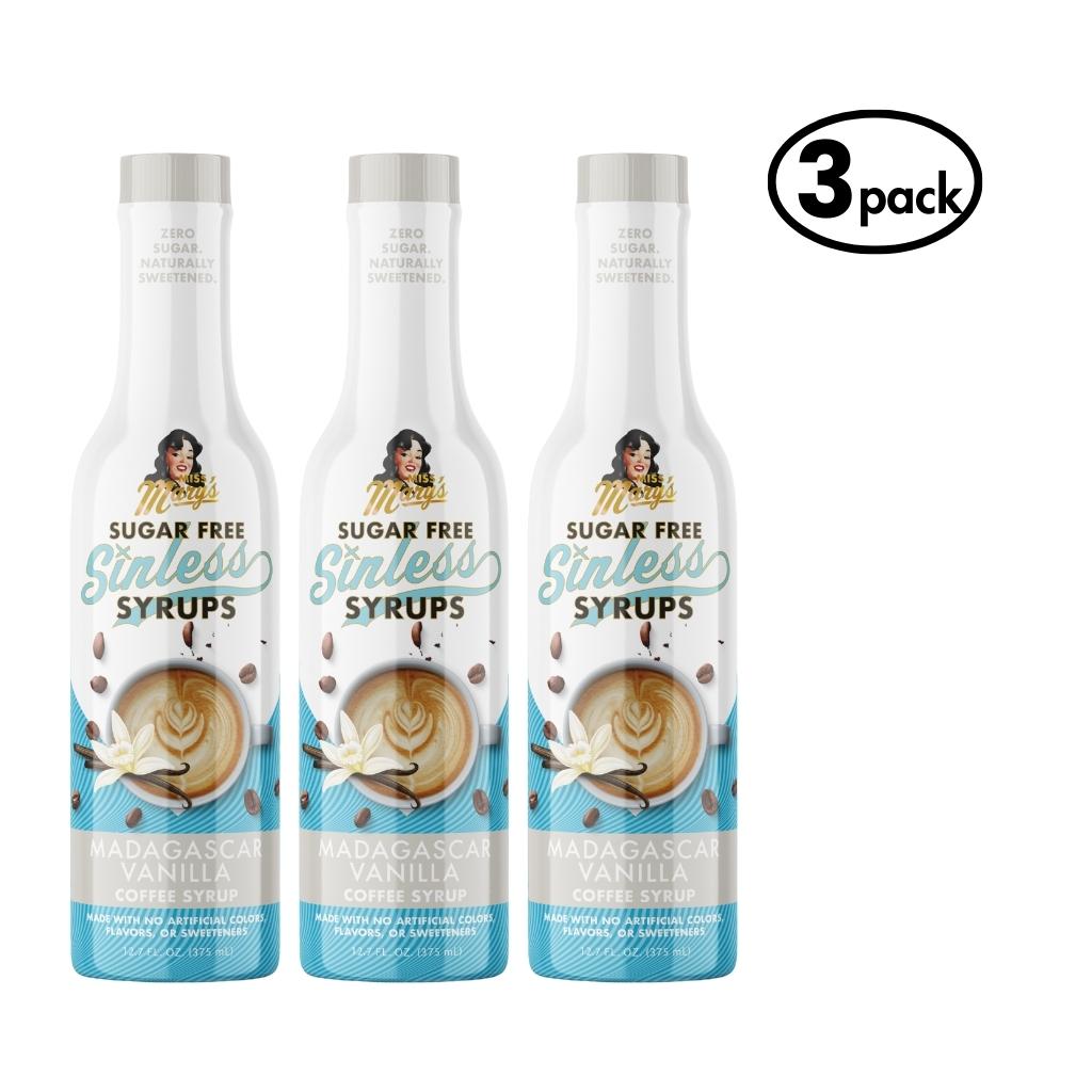 Three bottles of Sugar Free Sinless Syrups with a Madagascar Vanilla flavor on a white background.