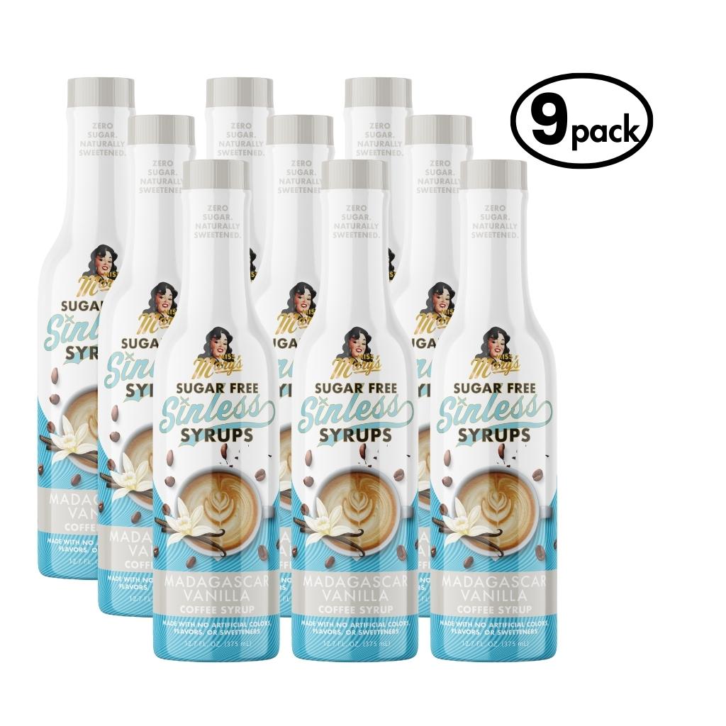 9-pack of Sugar Free Vanilla Sinless Syrups bottles on a white background