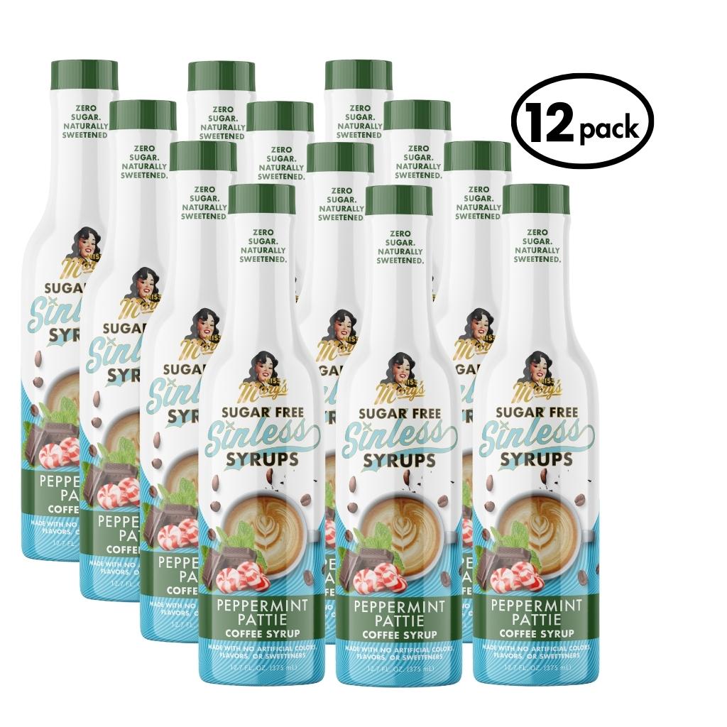 12-pack of Sugar Free Peppermint Pattie Sinless Syrups bottles on a white background