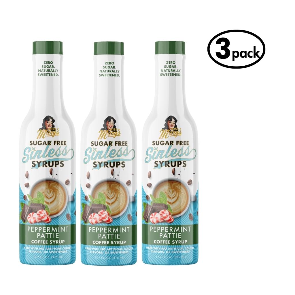 Three bottles of Sugar Free Peppermint Pattie Sinless Syrups on a white background.