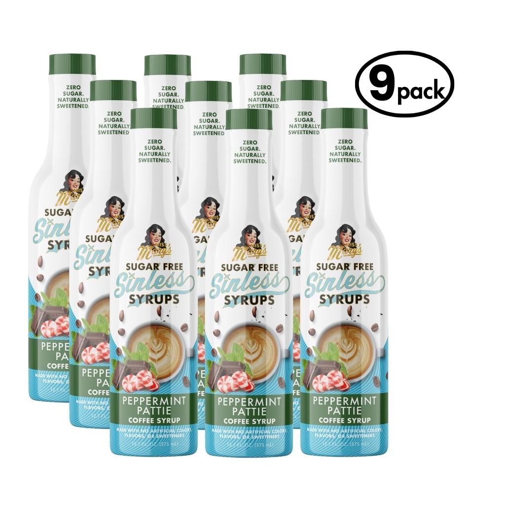 9-pack of Sugar Free Peppermint Pattie Sinless Syrups with a white background