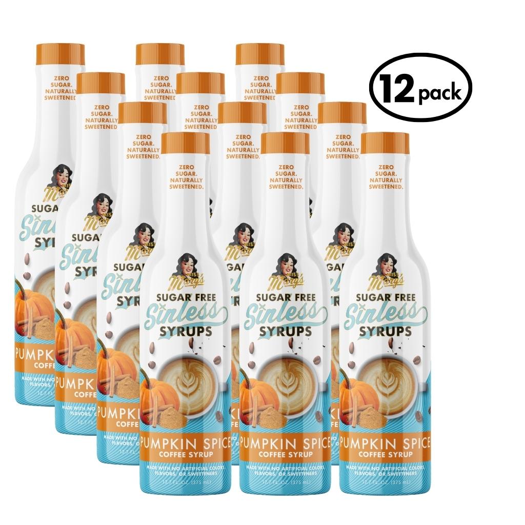 12-pack of Sugar Free Sinless Pumpkin Spice Syrups on a white background