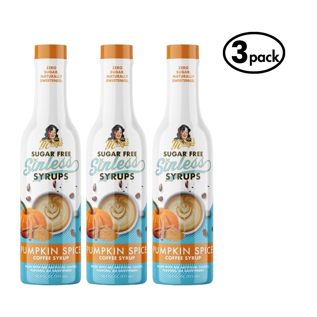 Three bottles of Sugar Free Sinless Pumpkin Spice Coffee Syrup on a white background