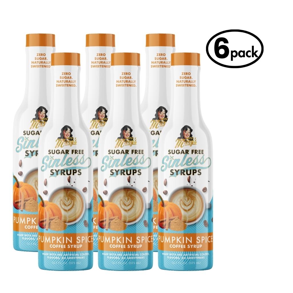 Six bottles of Sugar Free Sinless Syrups Pumpkin Spice Coffee Syrup on a white background.