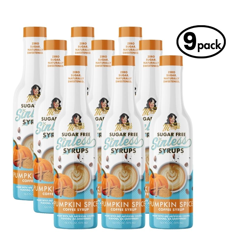 9-pack of Sugar Free Sinless Pumpkin Spice Coffee Syrups on a white background