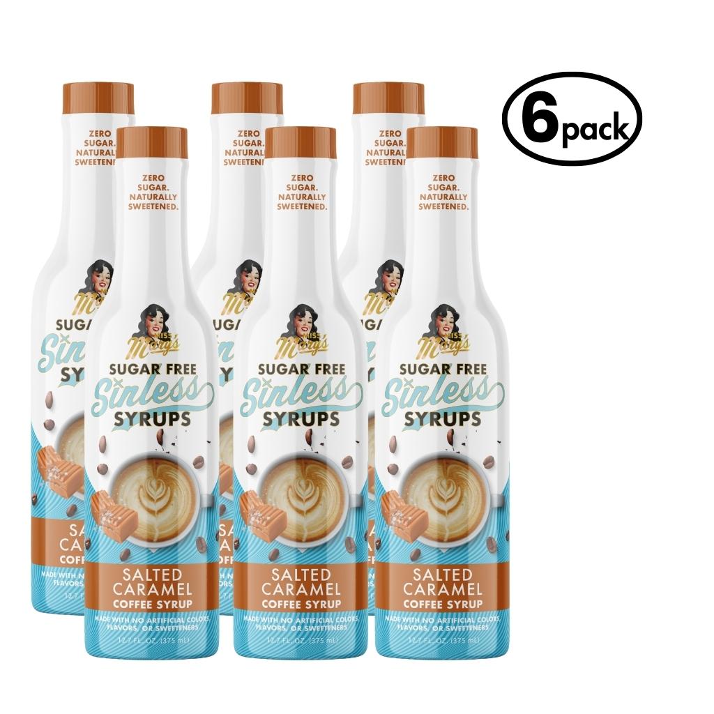 Six bottles of Sugar Free Sinless Syrups salted caramel flavor on a white background.