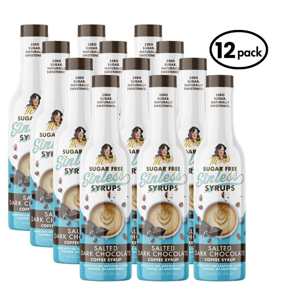 12-pack of Sugar Free Sinless Syrups in Salted Dark Chocolate flavor on a white background.