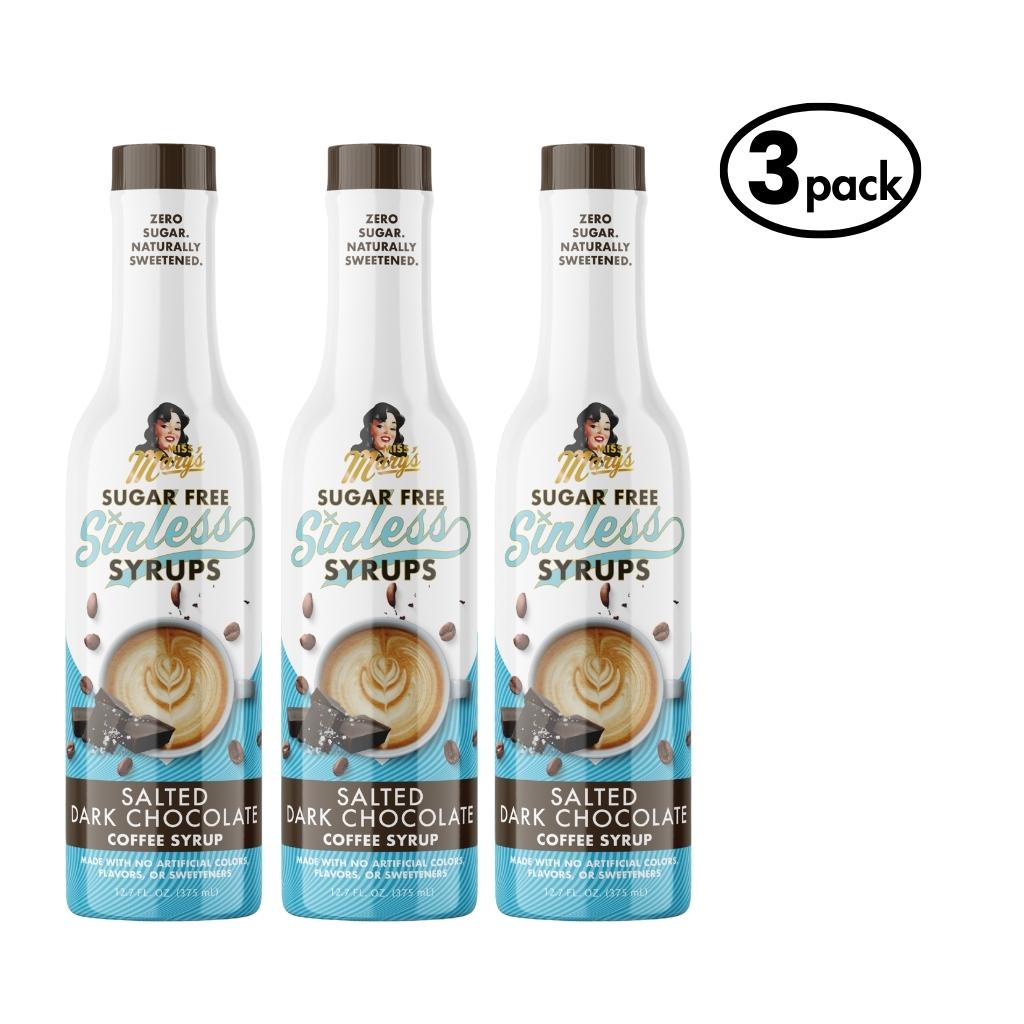 3 pack of Sugar Free Sinless Syrups salted dark chocolate flavor on a white background.