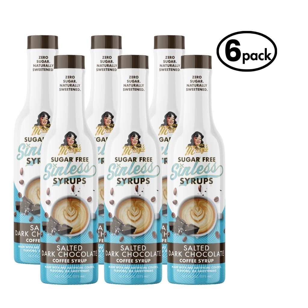 Six bottles of salted dark chocolate Sugar Free Sinless Syrup bottles  on a white background.
