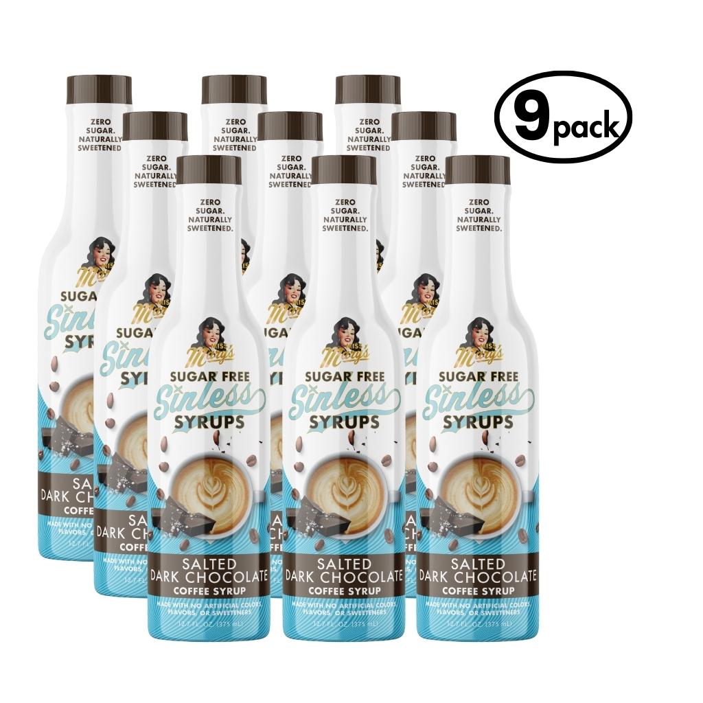 9-pack of Sugar Free Sinless Salted Dark Chocolate Syrups on a white background