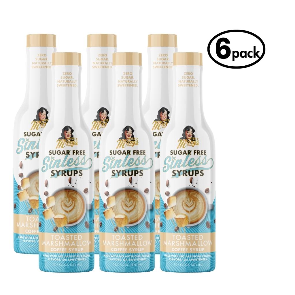 Six pack of toasted marshmallow Sugar Free Sinless Syrup bottles on a white background