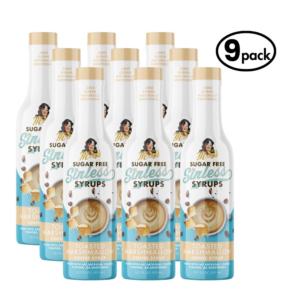 9-pack of Sugar-Free Sinless Syrups toasted marshmallow flavor with a white background