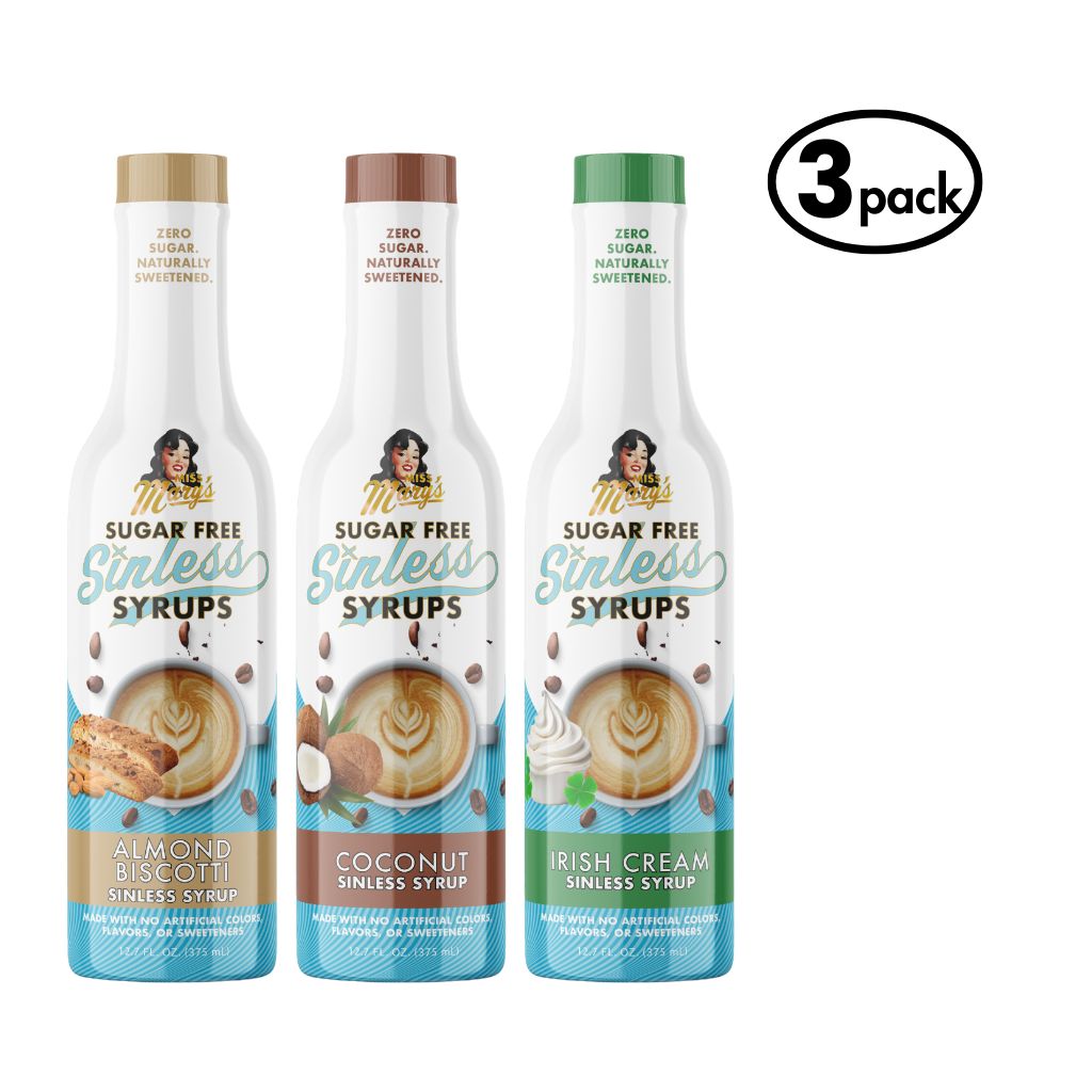 Three bottles of Sugar Free Sinless Syrups with labels for Almond Biscotti, Coconut, and Irish Cream on a white background.