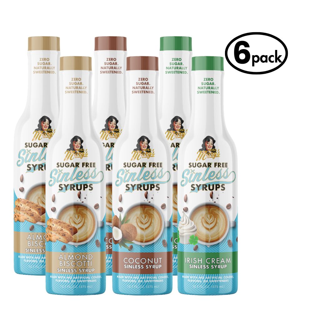 Six bottles of sugar free coffee syrup - almond biscotti, coconut, and irish cream on white background