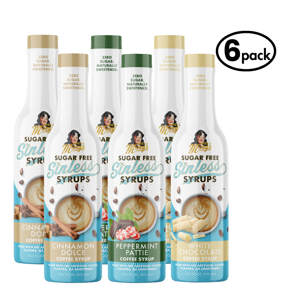 Six bottles of Sugar Free Sinless Syrups on a white background