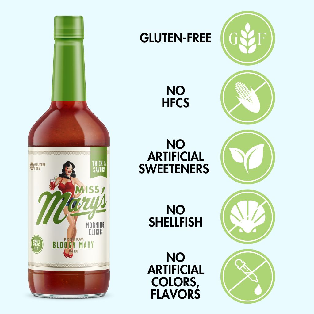 Bottle of Miss Mary's Bloody Mary with attributes on a white background