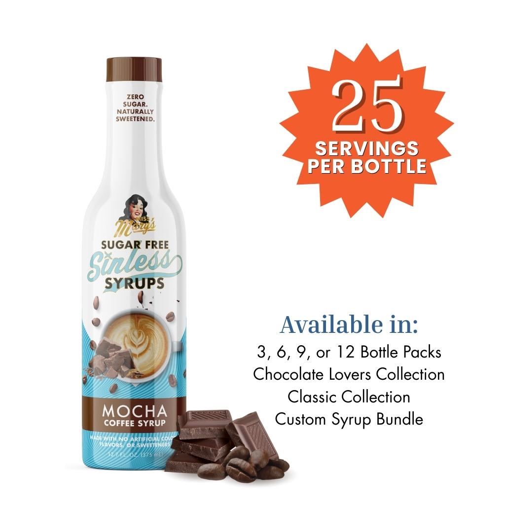 Sugar Free Mocha coffee syrup bottle with product details on a white background