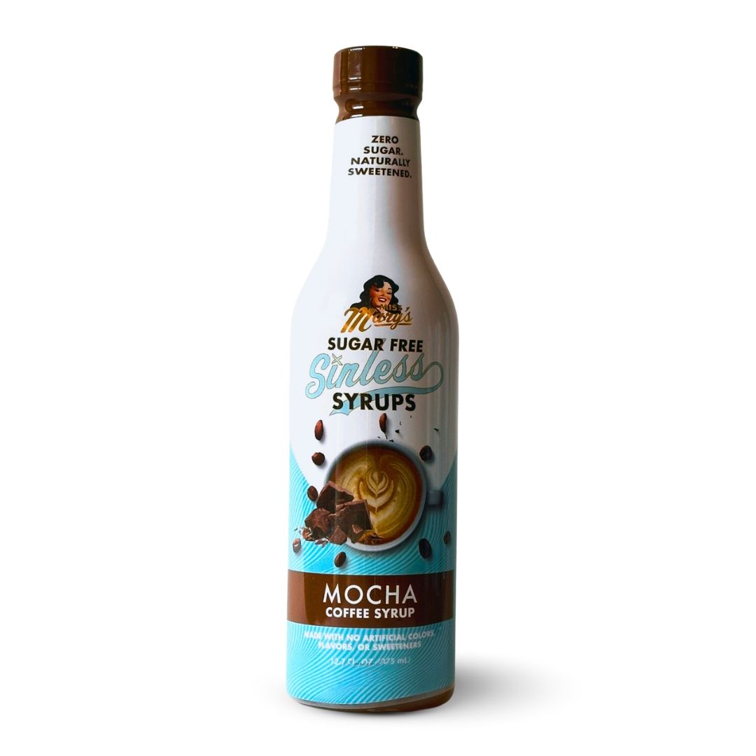 Miss Mary's Mocha Sugar Free Sinless Syrup bottle on white background
