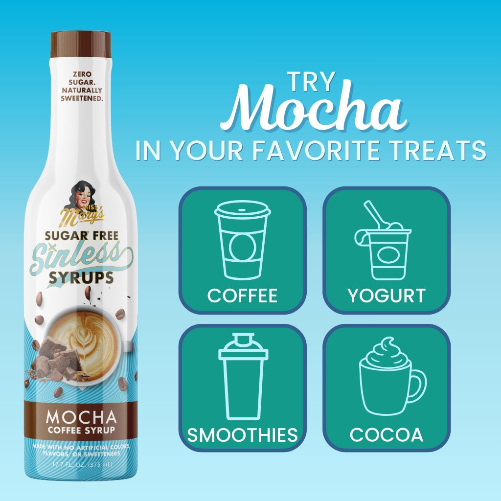 Sugar-free mocha syrup bottle with usage suggestions on a blue background