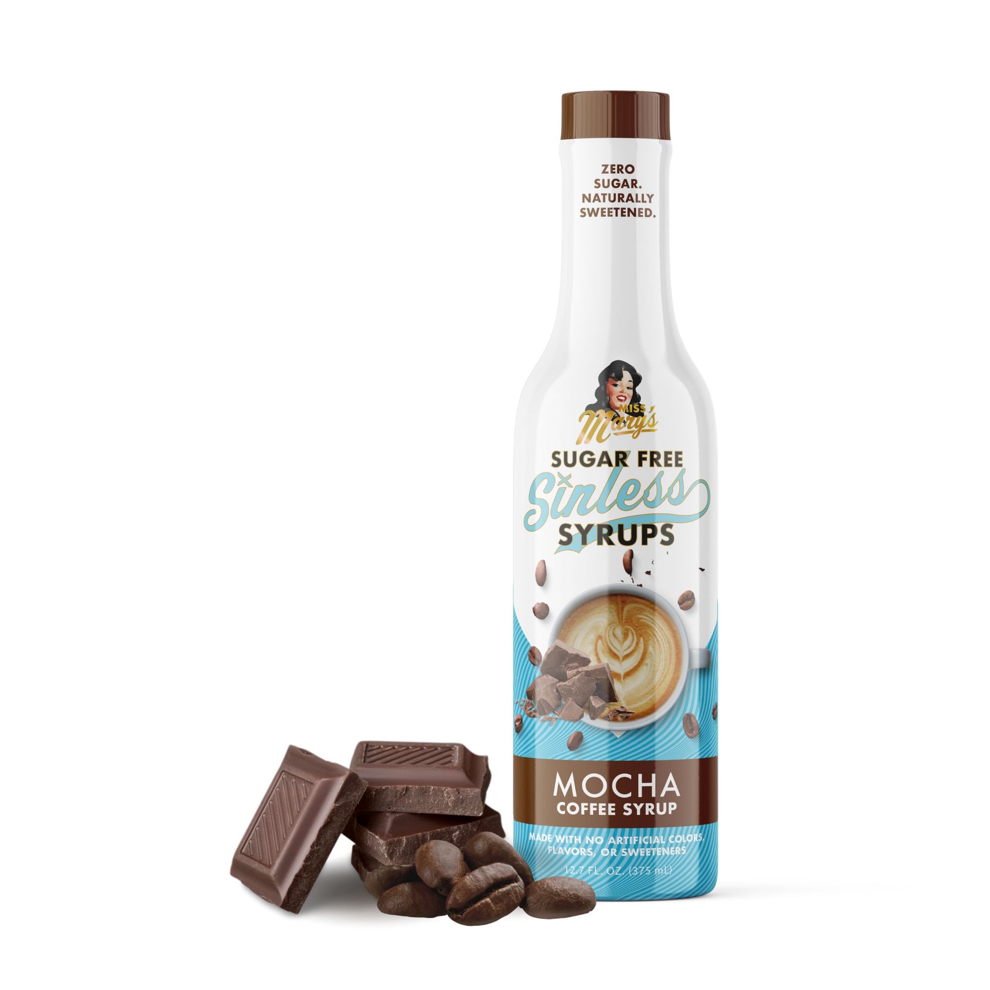 Bottle of Sugar Free Sinless Syrups Mocha Coffee Syrup with chocolate pieces and coffee beans on a white background