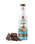 Bottle of Sugar Free Sinless Syrups Mocha Coffee Syrup with chocolate pieces and coffee beans on a white background