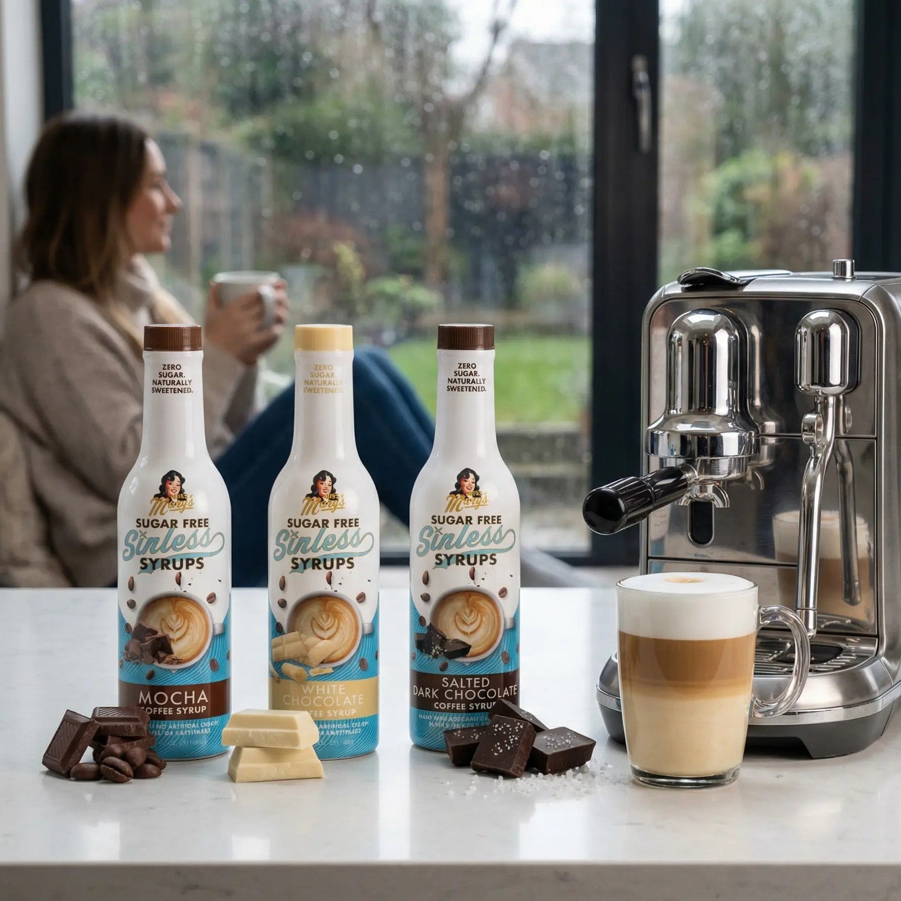Chocolate Lovers trio of sugar-free Sinless coffee syrups on a counter with a coffee machine and a cup of coffee.