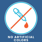 Logo with a syringe and droplet icon crossed out, indicating 'No Artificial Colors', on a blue background.