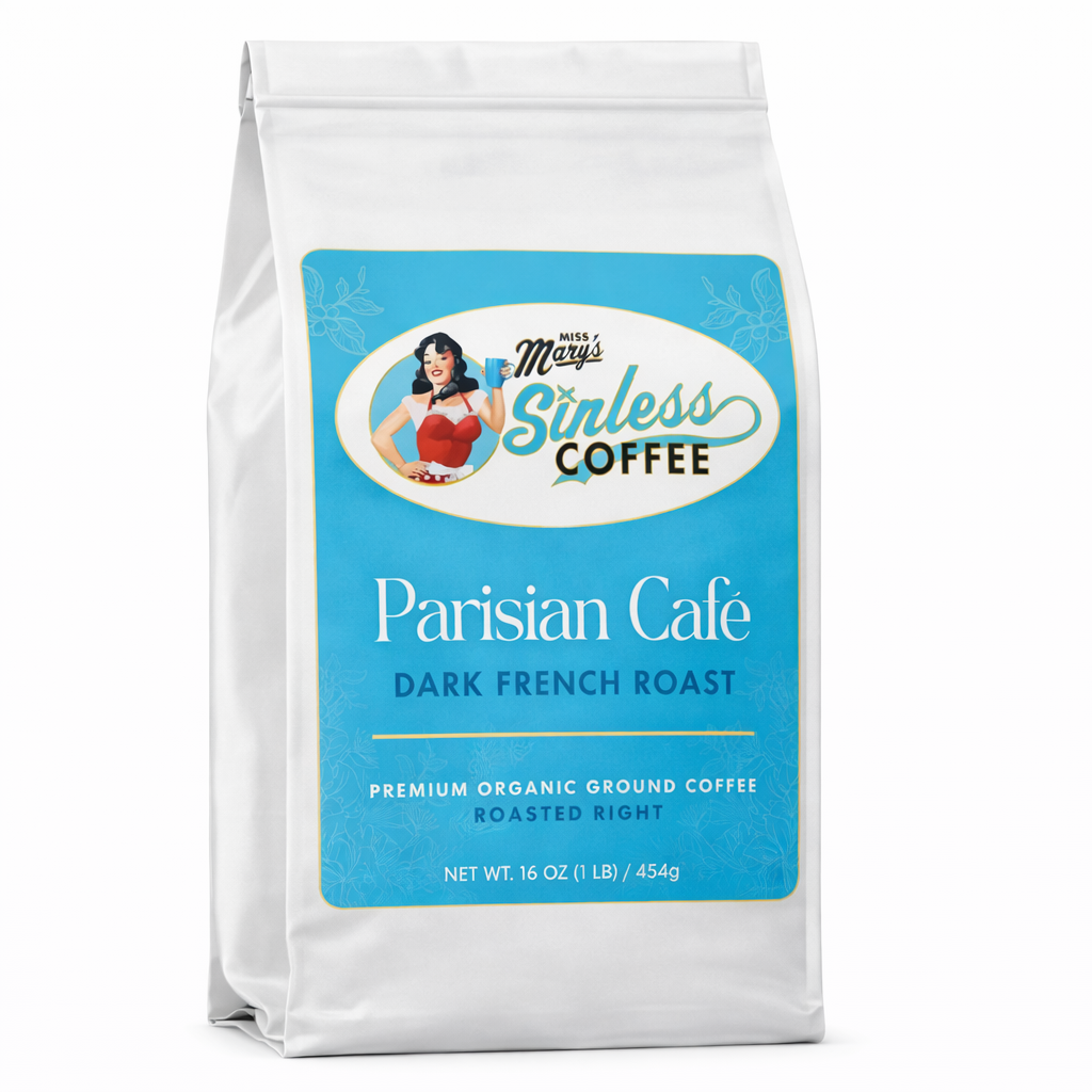 Coffee bag labeled 'Parisian Cafe' by Sinless Coffee on a white background