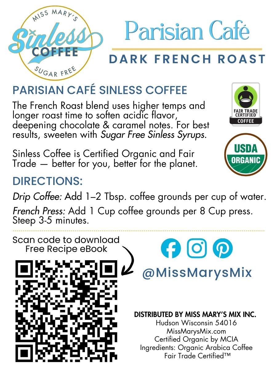 Product label for Parisian Café Sinless Coffee with branding and certification logos.