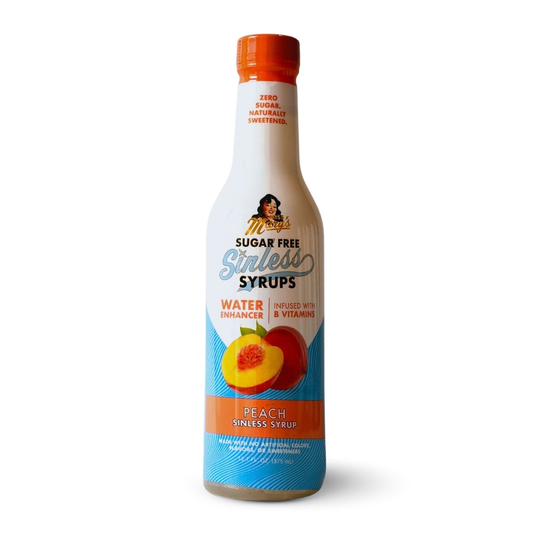 Miss Mary's Peach Sugar Free Sinless Syrup bottle on white background