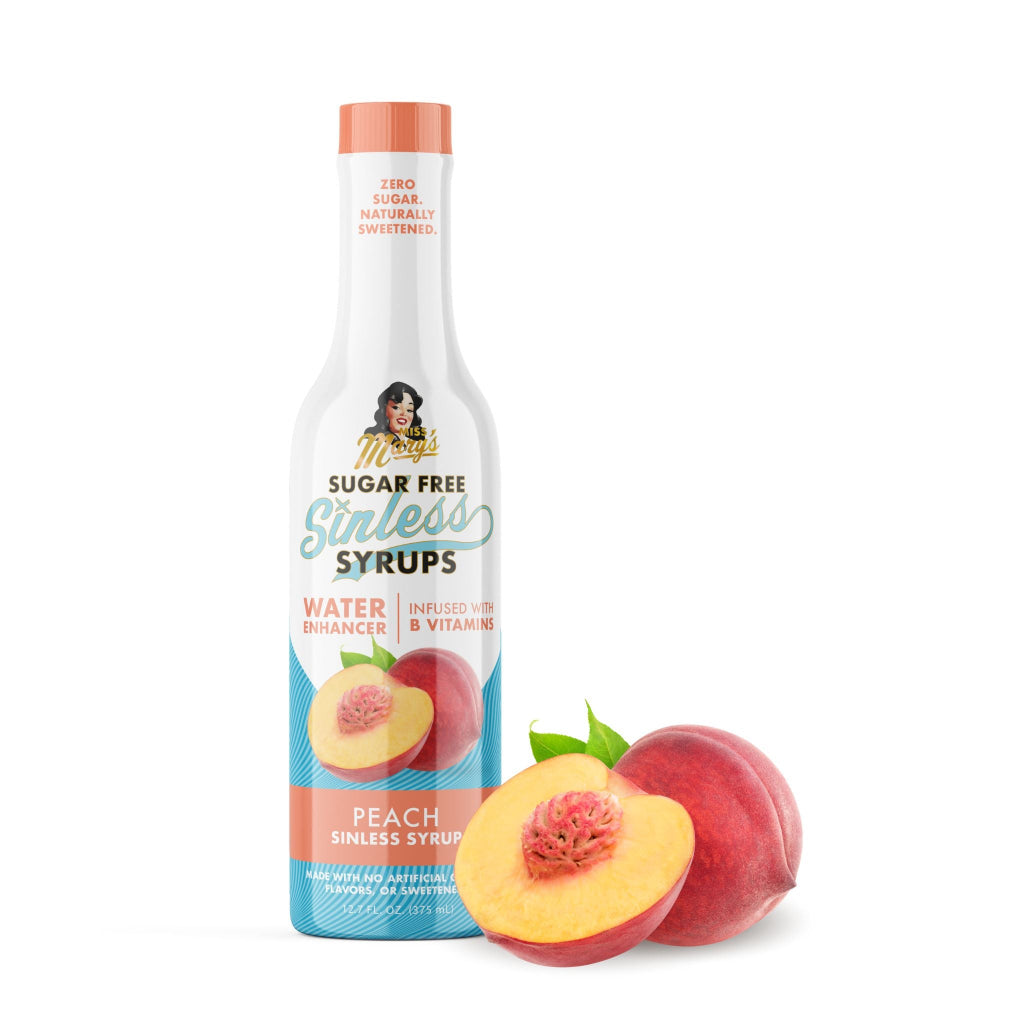 Sugar-free peach syrup bottle with a white background