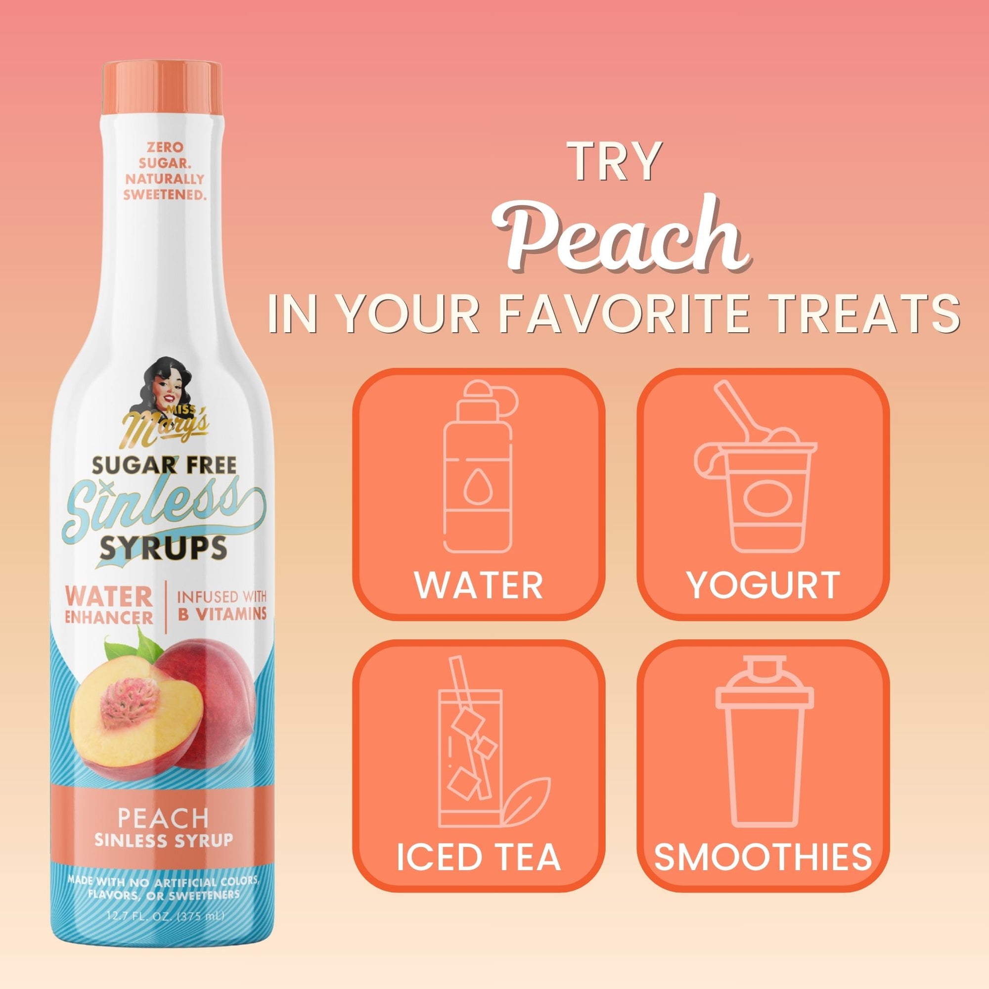 Sugar-free peach syrup bottle with usage suggestions on a peach-colored background