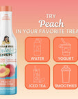 Sugar-free peach syrup bottle with usage suggestions on a peach-colored background