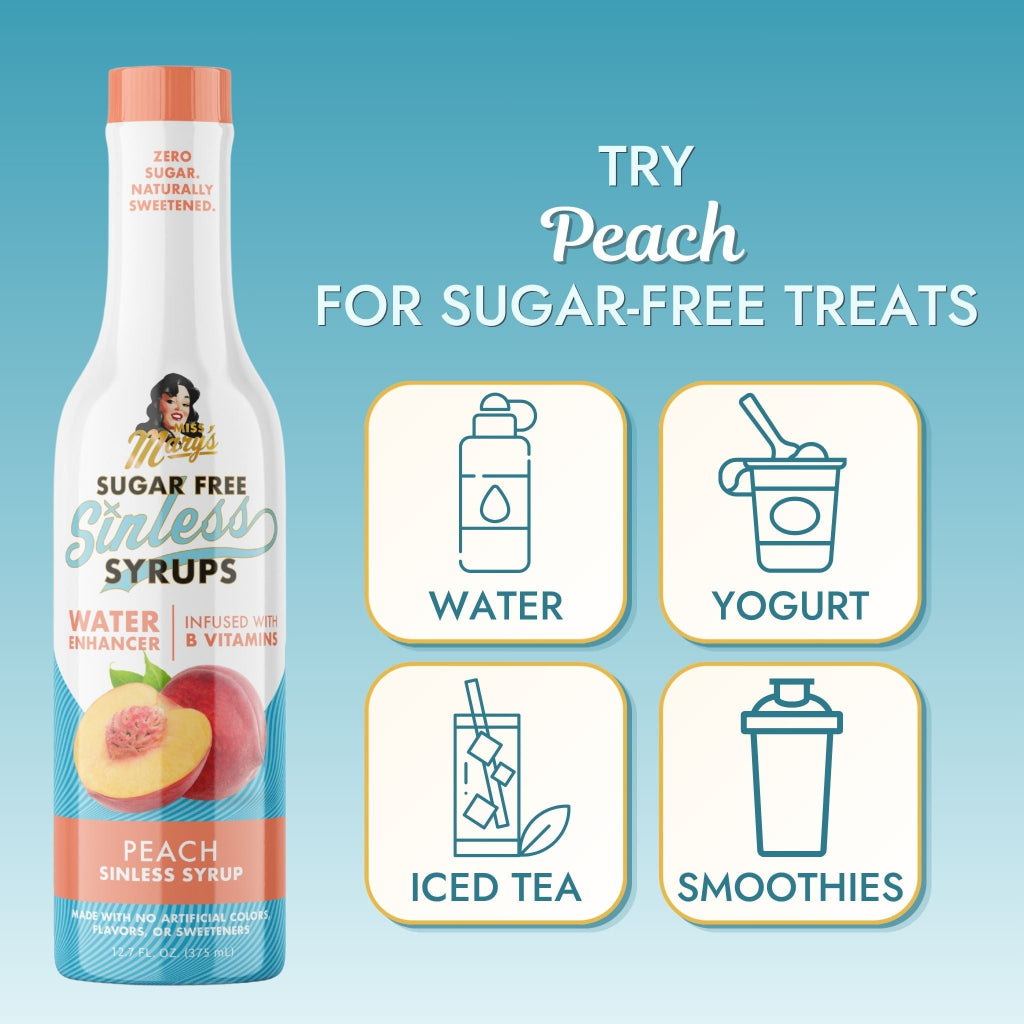 A bottle of Peach Sinless Syrup Water Enhancer with text "Try Peach for Sugar-Free Treats" and icons for water, yogurt, iced tea and smoothies against a blue background.