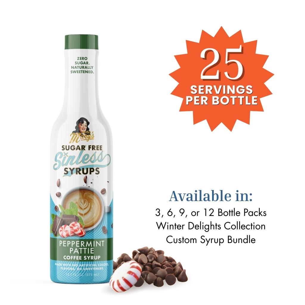Sugar-free Peppermint Pattie Sinless syrup bottle with product details on a white background